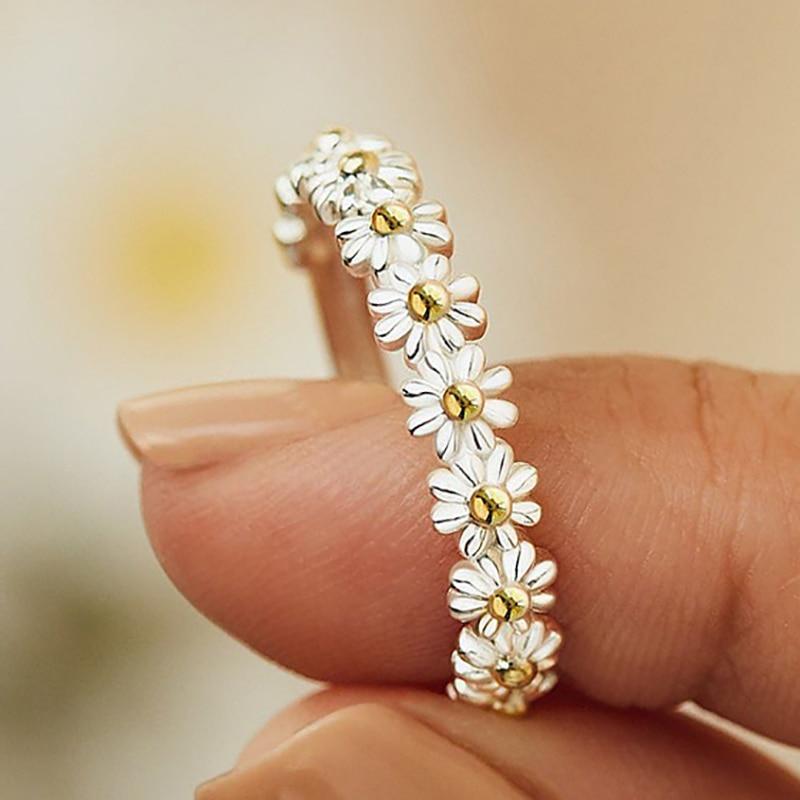 Verstelbare Zilveren Daisy Ring – Handgemaakte Emaille