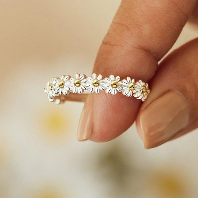 Verstelbare Zilveren Daisy Ring – Handgemaakte Emaille