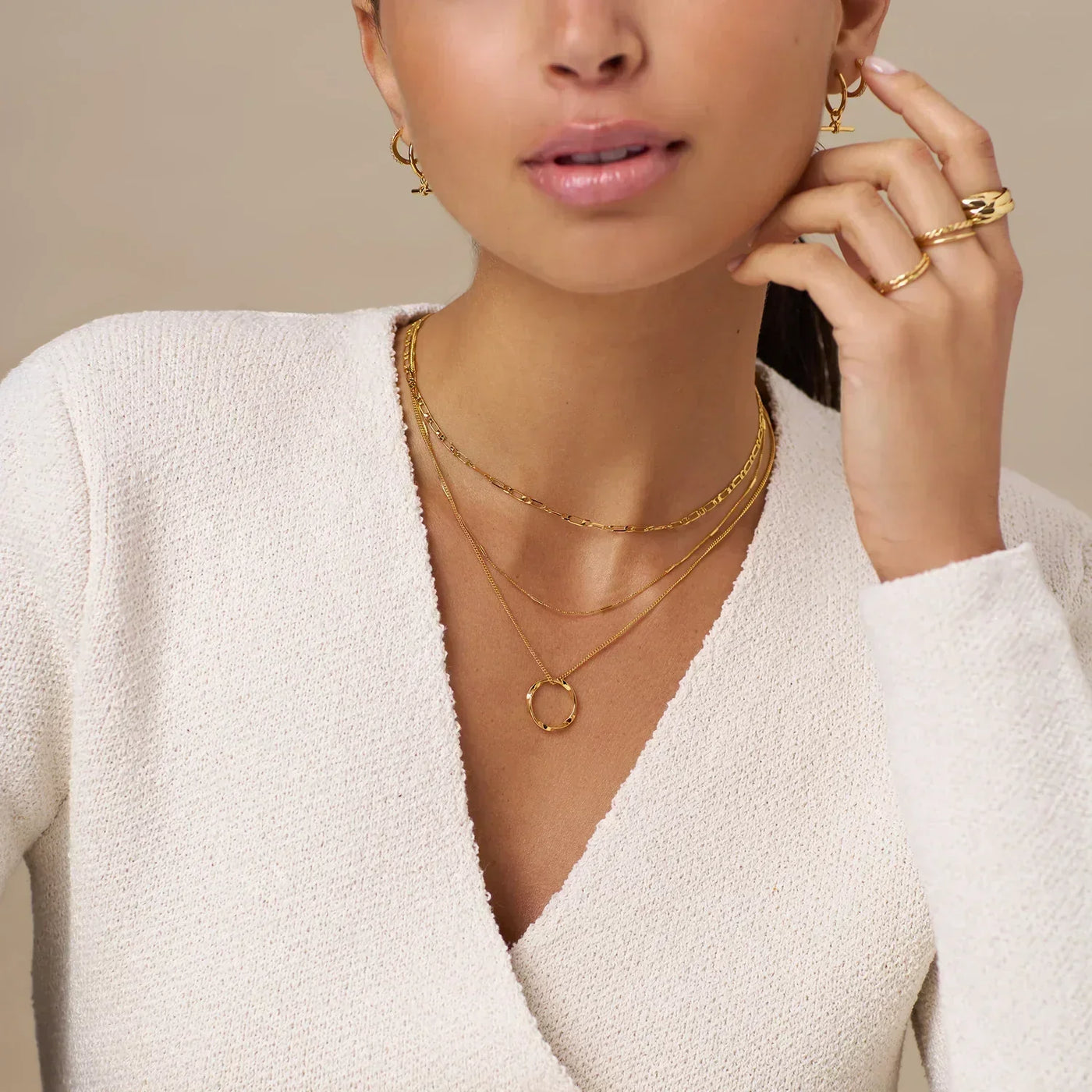 Open cirkel drie-rijige ketting | Goud