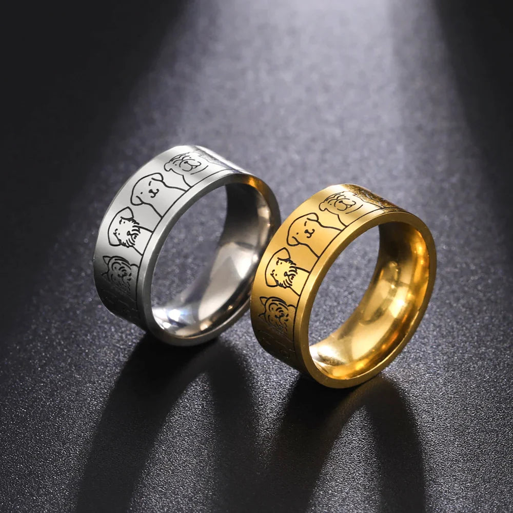 Brede ring van roestvrijstaal met hondenmotieven
