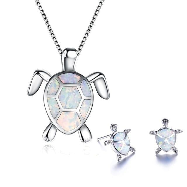 Zeewierschildpad-set – Zilveren ketting en oorbellen